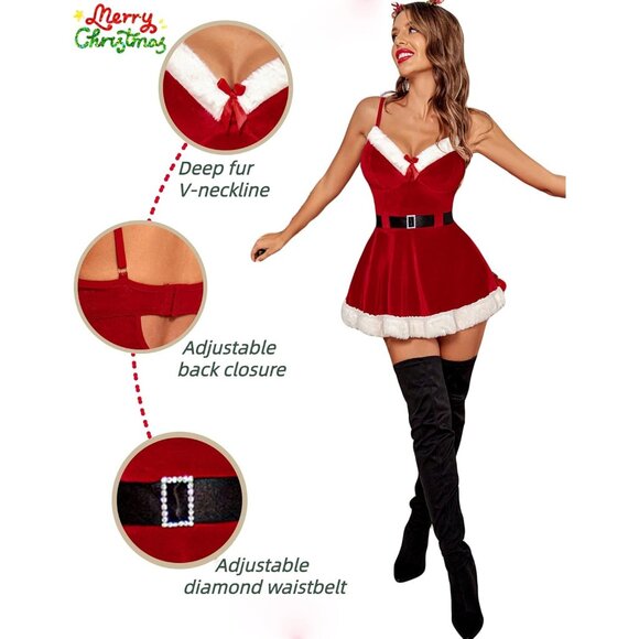 Women's Santa Lingerie Christmas Dress Chemise Velvet Costume Outfit Sleepwear - Picture 7 of 7